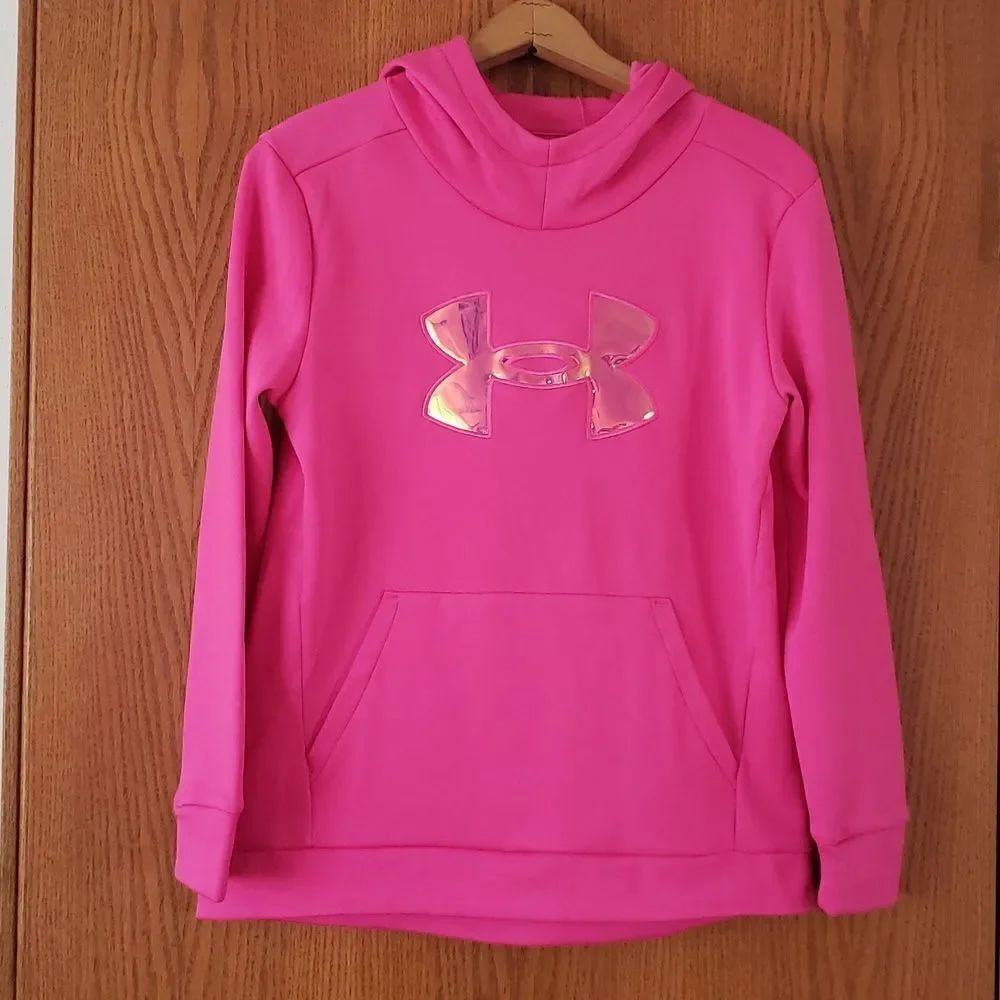 Hot Pink Under Armour LooseFit Hoodie with Shiny Holographic Logo Youth Sz L